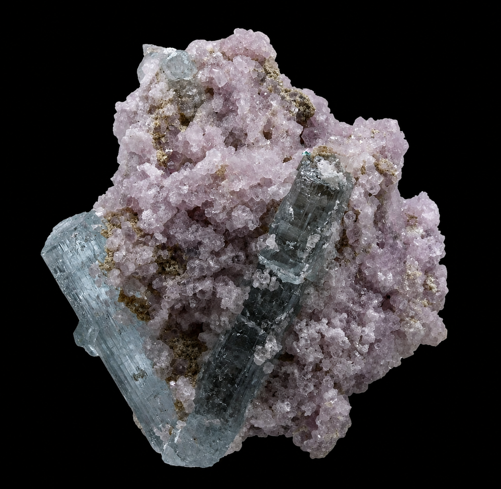 Blue Tourmaline Crystal in Lilac Lepidolite