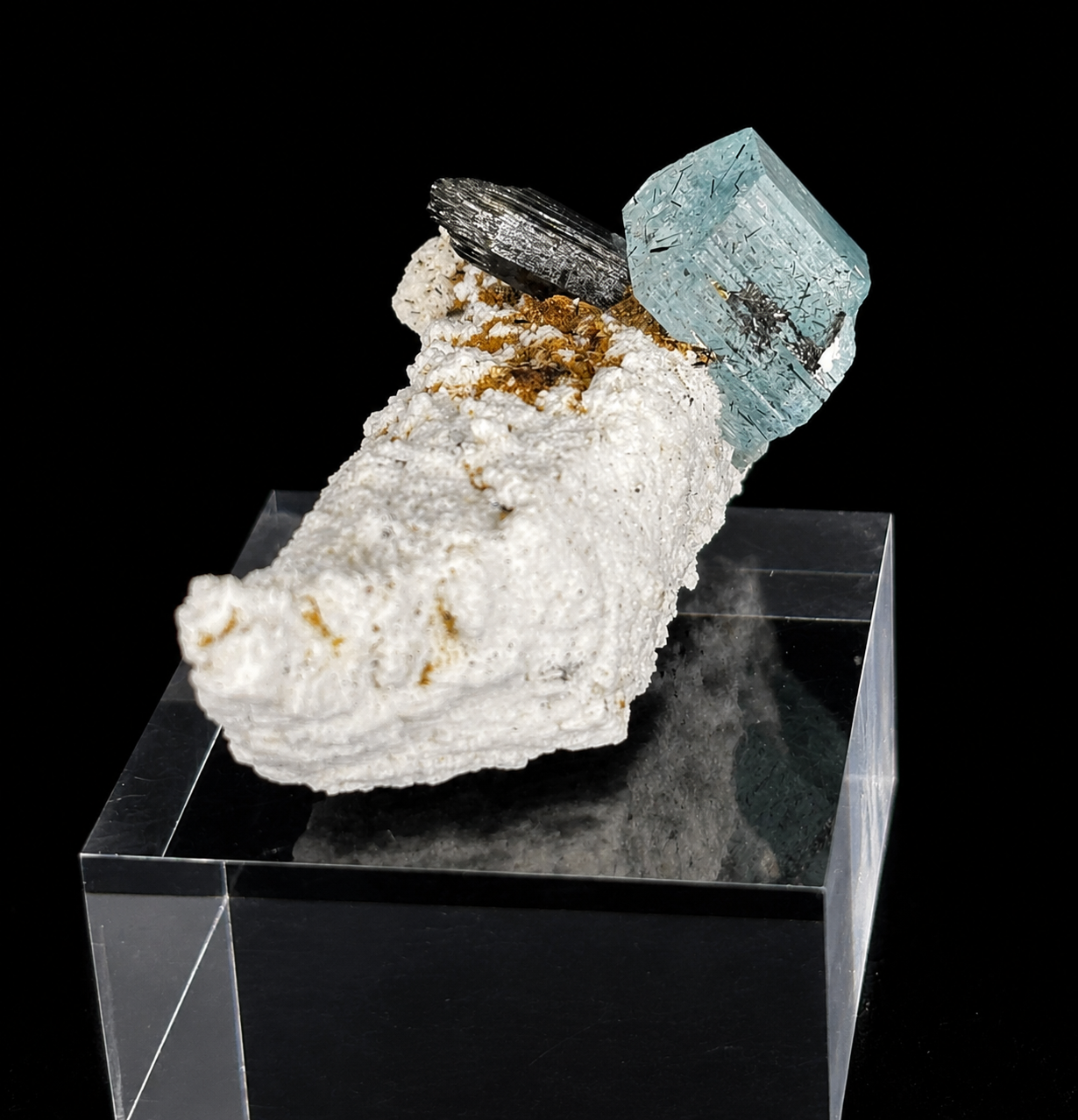 Gemmy Aquamarine Beryl Crystal with Schorl Tourmaline on Microcline (6.7 cm)