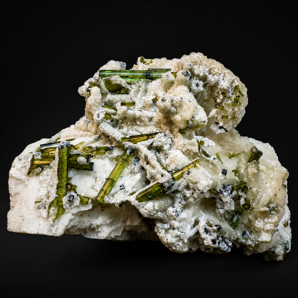 Green Tourmaline with Lepidolite & Quartz on Albite from Chhappu, Pakistan