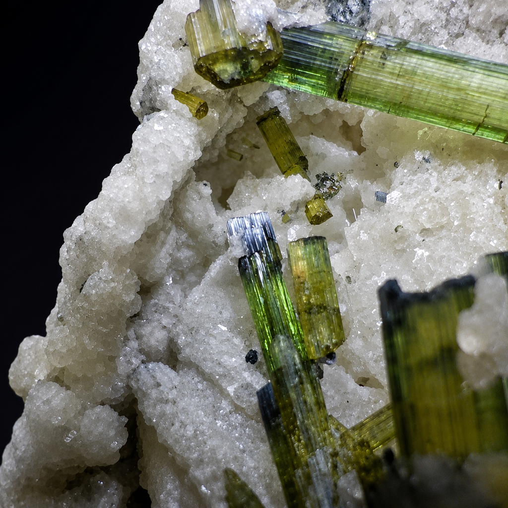 Green Tourmaline with Lepidolite & Quartz on Albite from Chhappu, Pakistan