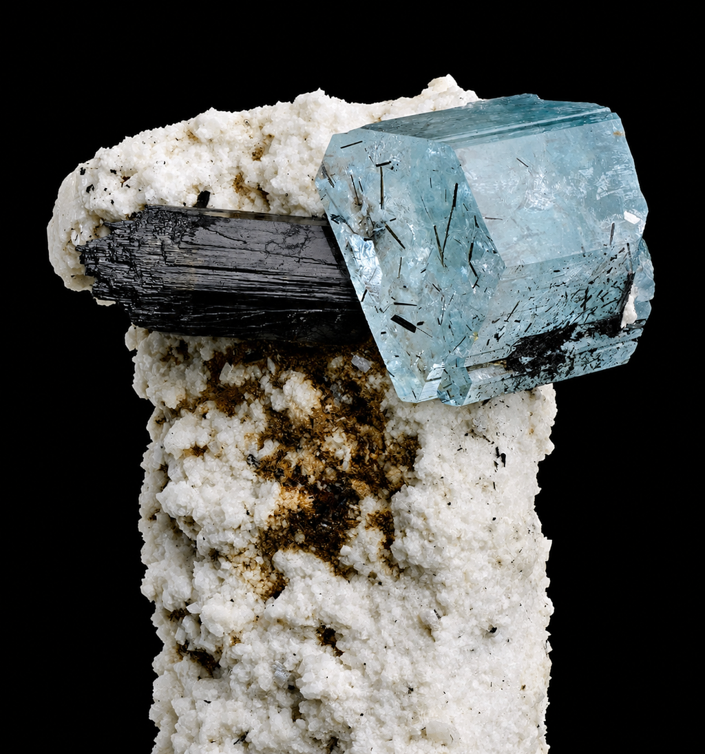 Gemmy Aquamarine Beryl Crystal with Schorl Tourmaline on Microcline (6.7 cm)