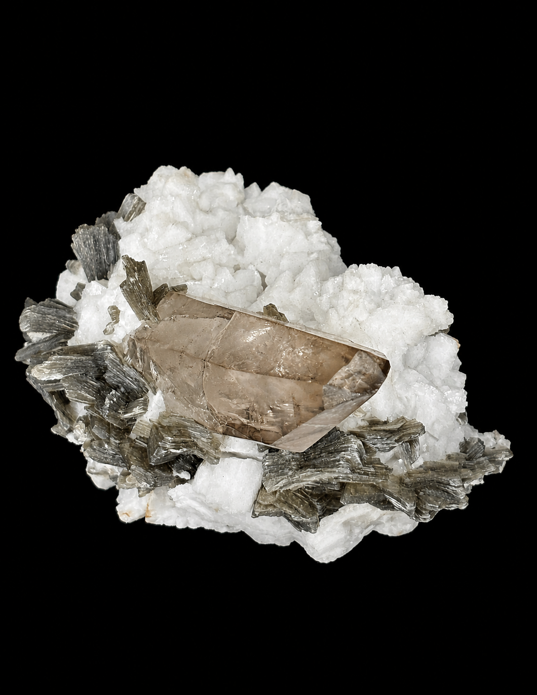Smoky Quartz on Albite with Muscovite – Sharp Terminated Crystal Cluster